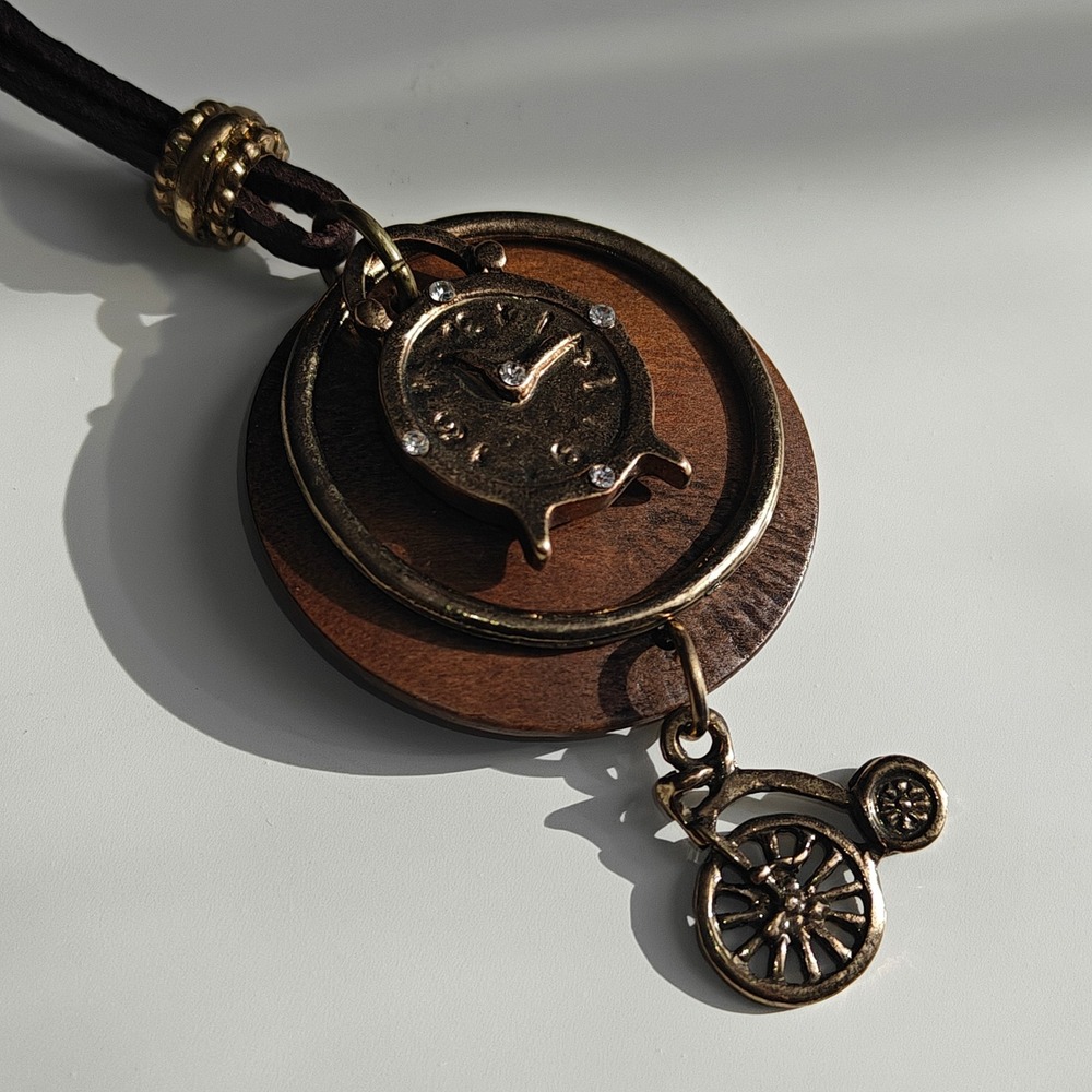 NEW Steampunk Long Pendant Necklace Leathers Wood Clock Bicycle Bronze Brown